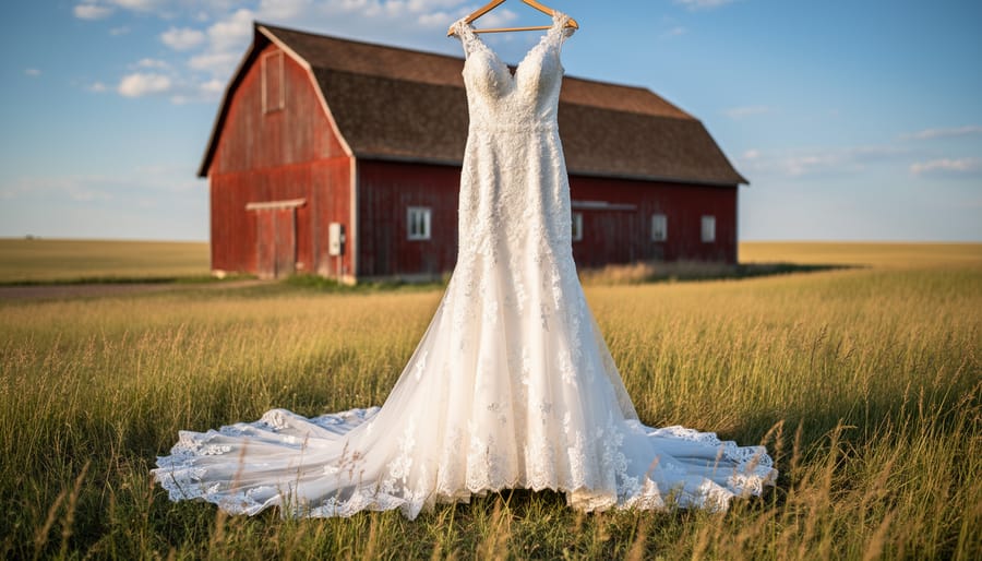 Romantic wedding dress hanging in a rustic barn doorway with golden prairie light in Alberta
