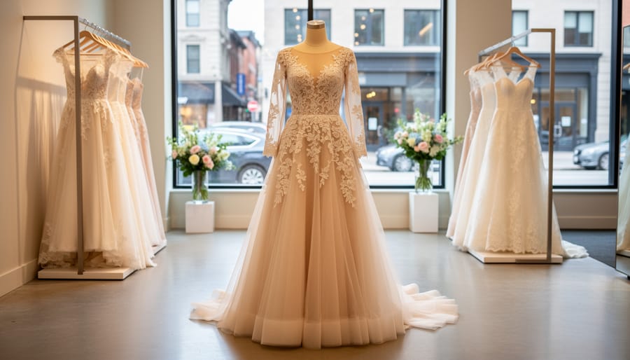 Romantic wedding gown with a lace bodice and flowing tulle skirt on a mannequin in a Toronto bridal boutique