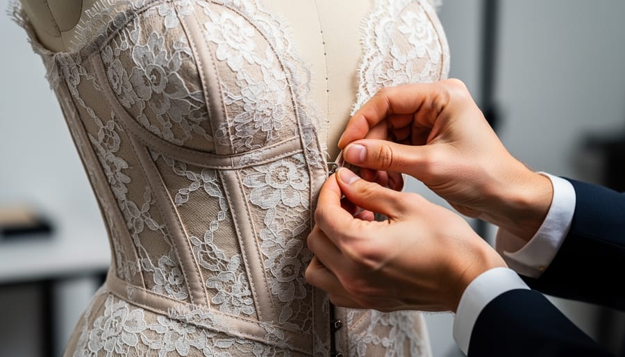 Seamstress pinning and adjusting a bridal gown bodice during a fitting