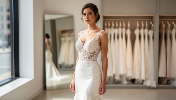 Bride-to-be trying on a lace wedding dress in a Canadian bridal boutique with soft daylight and other gowns in the background.