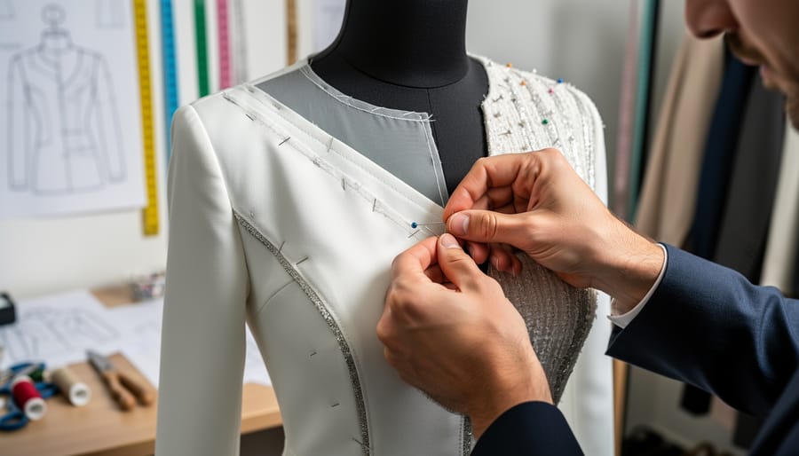 Tailor’s hands pinning and adjusting an emerald bridal outfit seam on a dress form