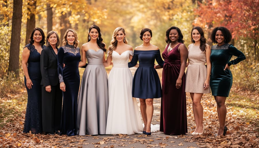 Three wedding guests wearing floor-length, midi, and wrap dresses in autumn colors outdoors.