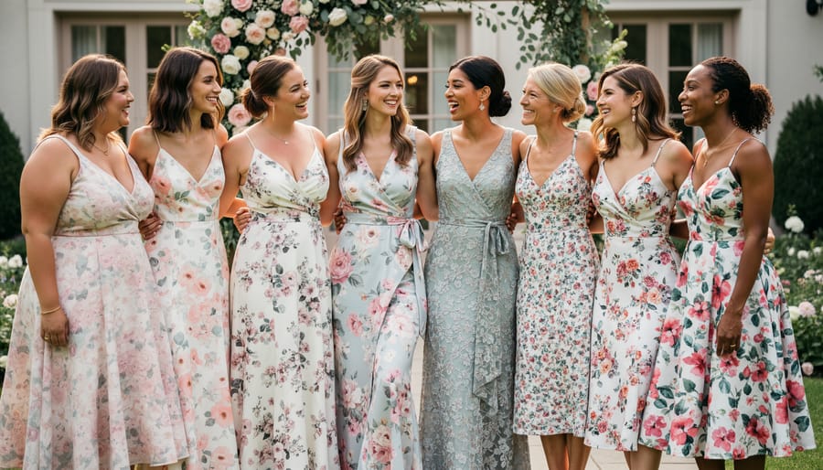 Three women wearing floral wedding guest dresses outdoors with softly blurred garden scenery behind them.