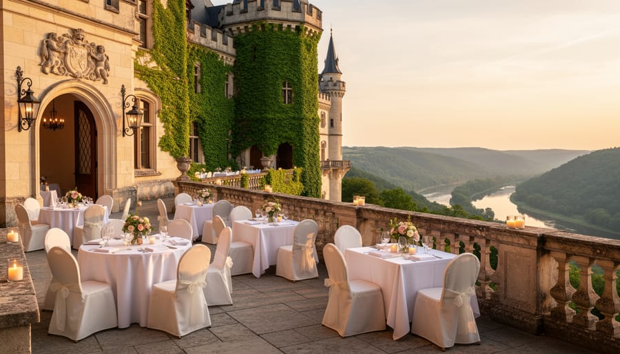 Wedding couple on a castle terrace at golden hour with warm castle windows and scenic countryside in the background