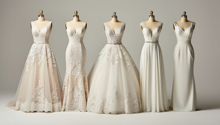 Wedding dress silhouettes on dress forms including ballgown, A-line, and mermaid styles in a showroom