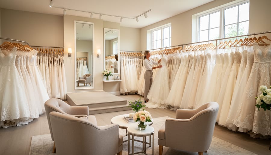 Wedding dresses displayed on wooden hangers in a curated bridal boutique with fitting room seating in the background.