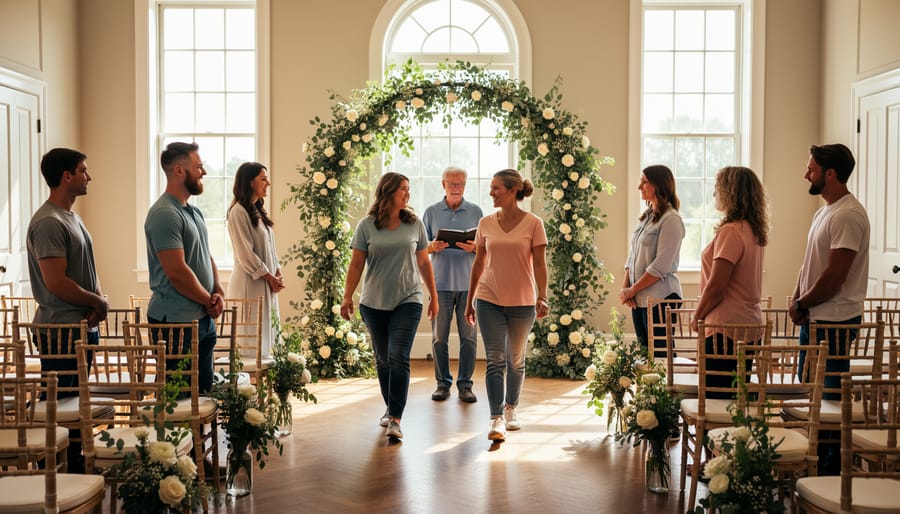 Wedding party practicing a rehearsal inside a barn with floral decor and a coordinator guiding the group