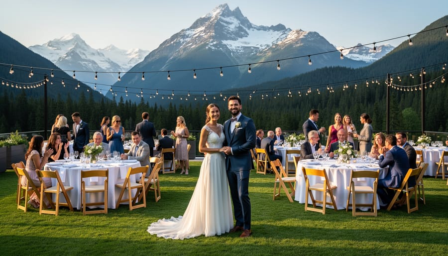 Wedding reception tables set on a terrace with mountain views and candlelit centerpieces