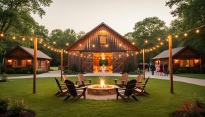 Outdoor view of a rustic barn wedding venue with warm string lights, nearby cabins for guest lodging, and a glowing fire pit in the foreground.