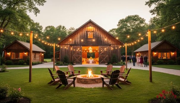 Outdoor view of a rustic barn wedding venue with warm string lights, nearby cabins for guest lodging, and a glowing fire pit in the foreground.