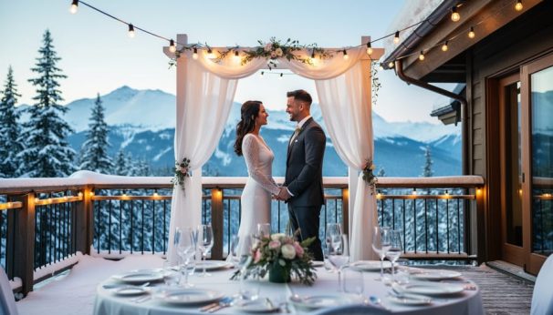 A wedding couple stands under a white arch on a snowy Whistler lodge terrace with an illuminated reception table and mountain peaks in the background.