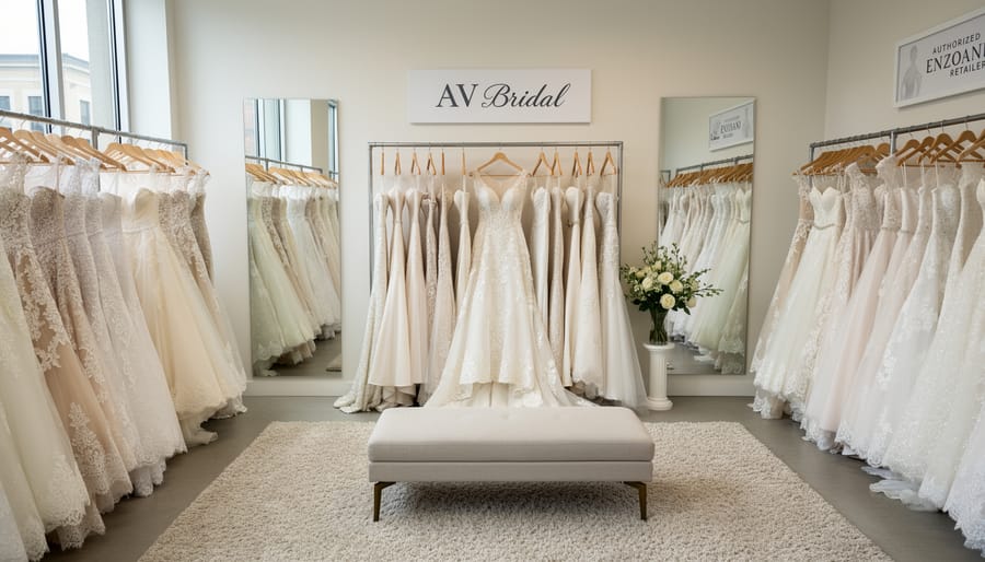 Wide view of wedding gown racks in a modern showroom with evenly lit bridal dresses