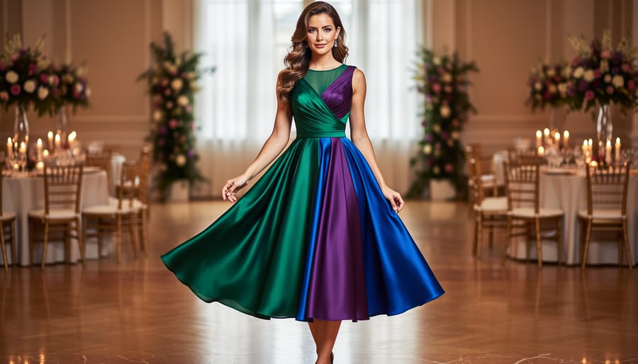 Plus-size model wearing an emerald or sapphire A-line midi dress in a warm autumn venue