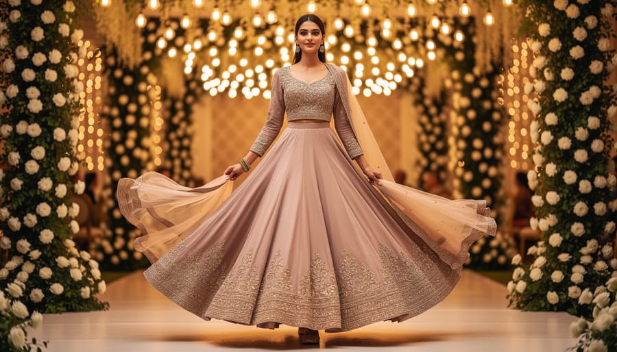 Woman twirling in a floor-length Anarkali suit with embroidered detailing at a wedding venue