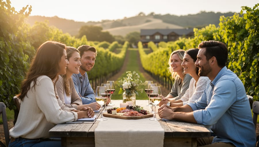 Close-up of champagne glasses and bouquet on a small table with vineyard scenery blurred in the background