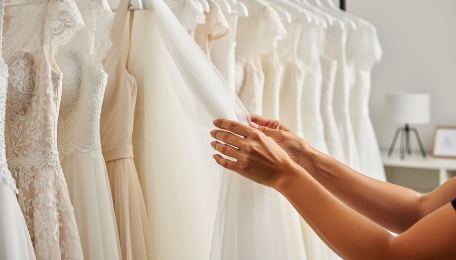 Bride-to-be holding lace and tulle fabric swatches in soft ivory and blush colors.