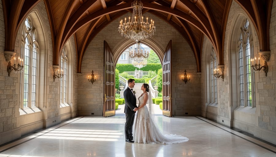 Wedding ceremony setup with floral decor inside a grand castle-like venue interior