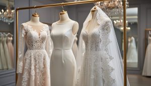 Mannequin wedding dresses in a Canadian bridal boutique, showing lace sleeves, a minimalist satin gown, and an embroidered veil detail under soft studio lighting.