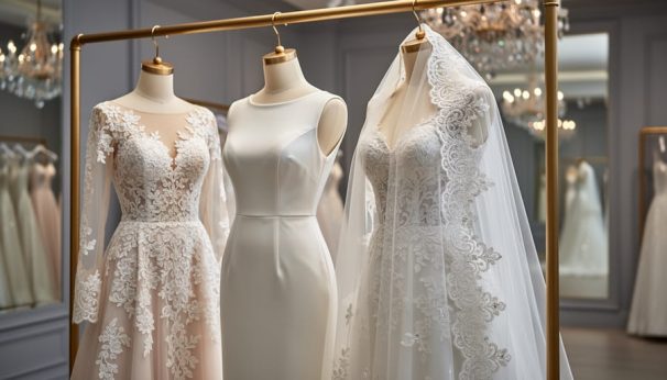 Mannequin wedding dresses in a Canadian bridal boutique, showing lace sleeves, a minimalist satin gown, and an embroidered veil detail under soft studio lighting.