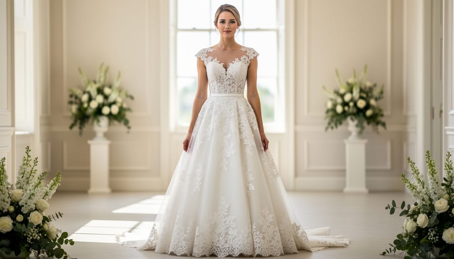 Bride-to-be wearing a classic lace A-line wedding dress inside a church.