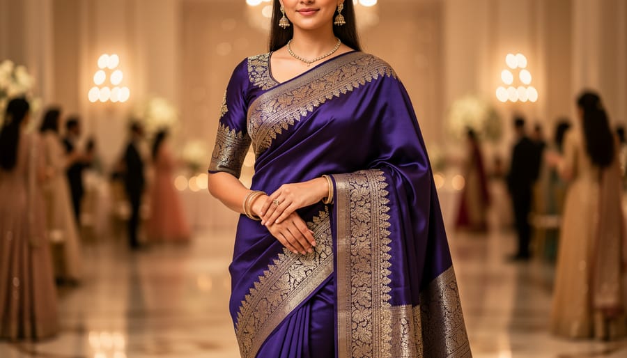 Woman wearing an embroidered classic silk saree in wedding setting
