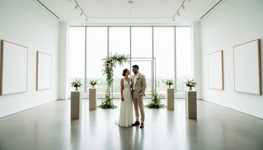 Modern wedding reception table in a contemporary art gallery space