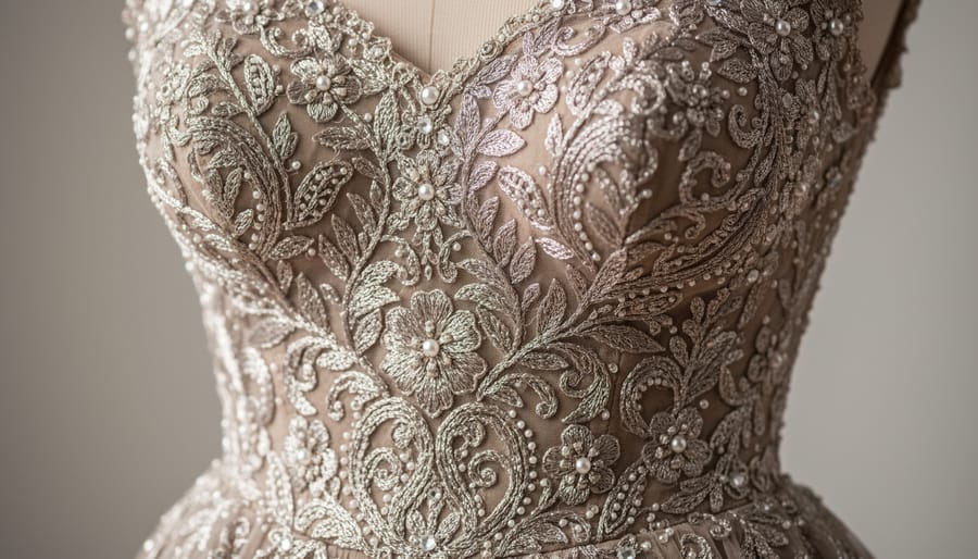Close-up of an embroidered bodice on a wedding dress worn by a bride-to-be.