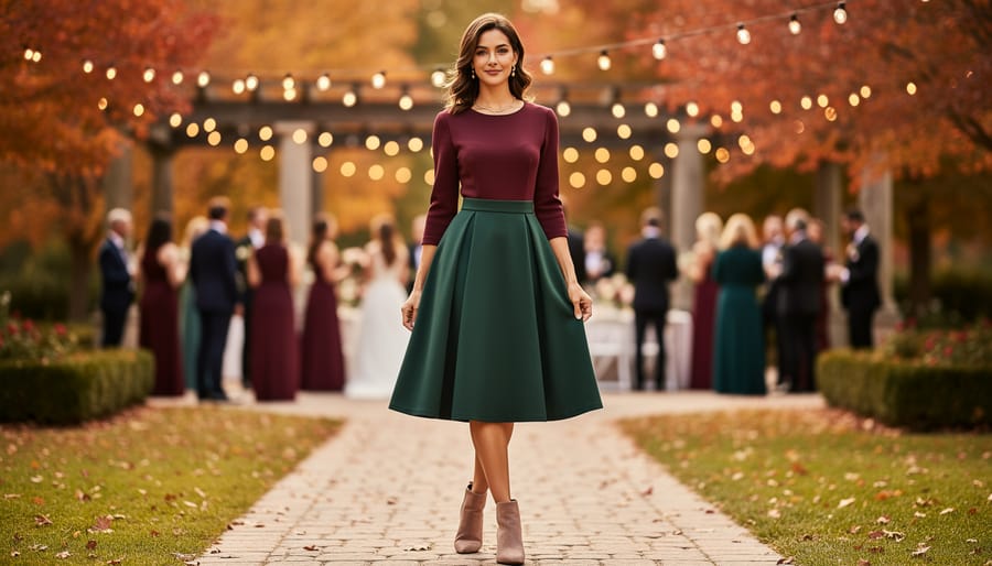 Plus-size model wearing a fit-and-flare dress with three-quarter sleeves in a warm reception setting