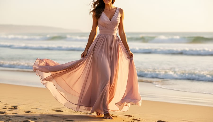 Bride-to-be twirling in a flowy chiffon maxi wedding dress on a sunny beach.