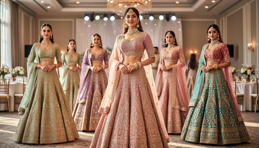 Woman modeling a gharara outfit with flared ruched pants in a wedding setting