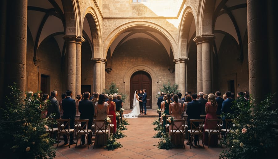 Couple standing in a decorated courtyard at a Gothic Revival university venue