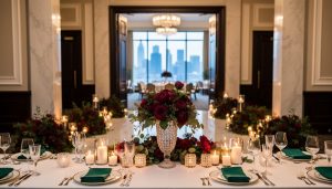 Elegant wedding reception table with crystal centerpieces and candlelight inside a grand ballroom venue with a floral aisle leading toward the entrance.