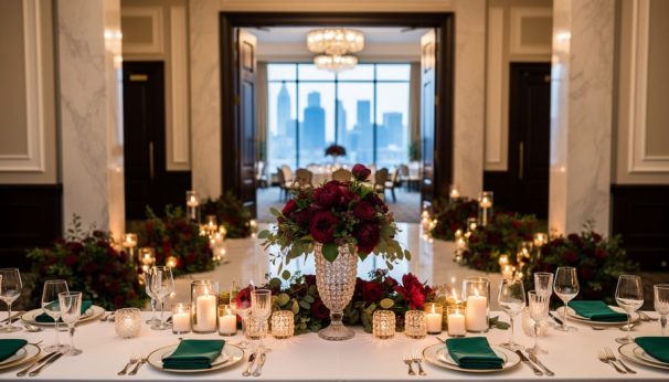 Elegant wedding reception table with crystal centerpieces and candlelight inside a grand ballroom venue with a floral aisle leading toward the entrance.