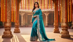 Indian wedding guest wearing a vibrant teal saree with jeweled embroidery and statement jewelry in front of softly blurred festive wedding decorations.