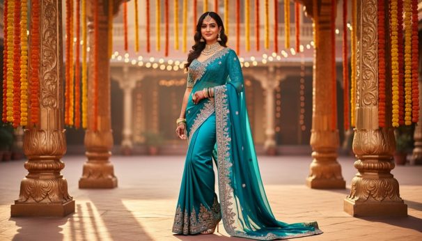 Indian wedding guest wearing a vibrant teal saree with jeweled embroidery and statement jewelry in front of softly blurred festive wedding decorations.