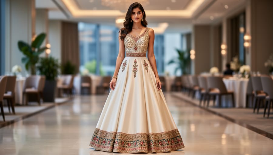 Woman wearing an Indo-western embroidered gown at a wedding reception with blurred lights behind