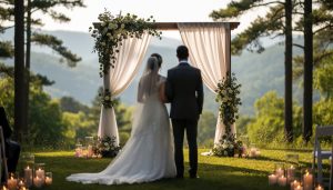 Outdoor wedding ceremony setup with a greenery wedding arch in the North Georgia mountains near Jasper at golden hour.