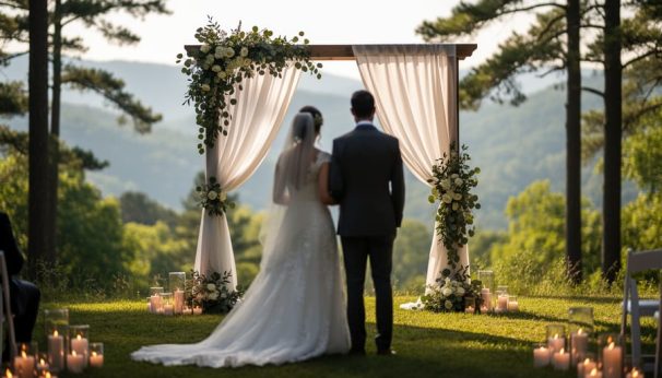 Outdoor wedding ceremony setup with a greenery wedding arch in the North Georgia mountains near Jasper at golden hour.