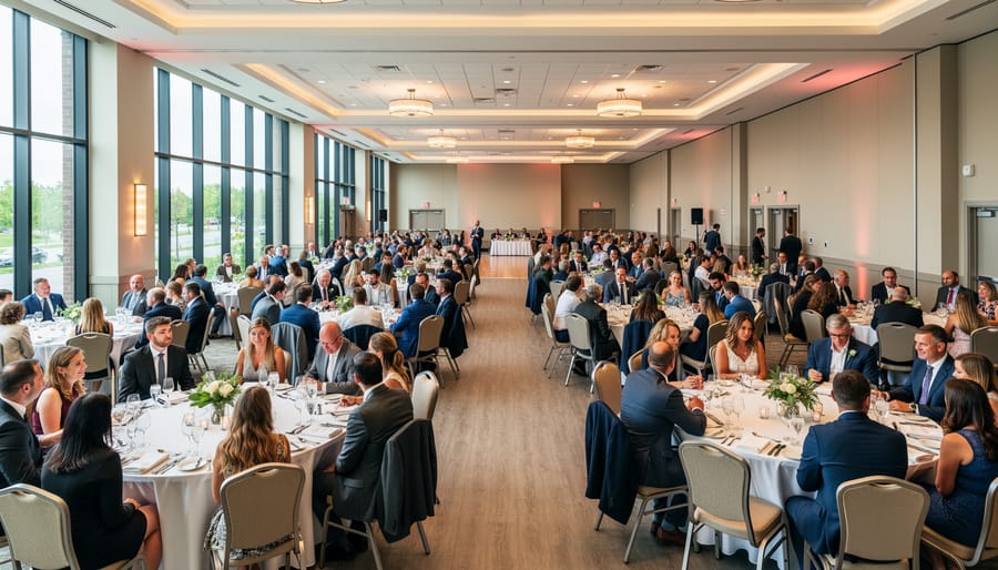 Overhead view of a grand wedding banquet setup with guest tables and centerpieces