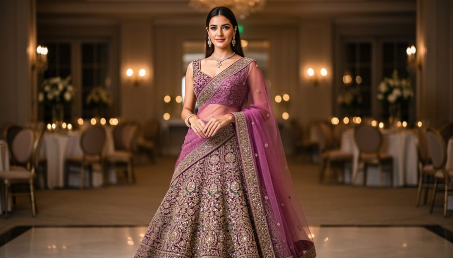 Woman in an embellished lehenga choli at a wedding reception with sparkling lights in the background