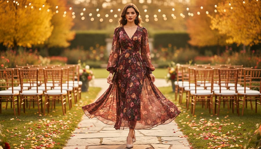 Plus-size model wearing a long-sleeve floral maxi dress walking through an autumn garden setting