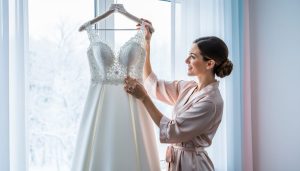 A bride holding a wedding dress on a hanger near a bright window, showing delicate lace and satin fabric details in a clean modern room.