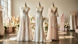 Bridal boutique display with mannequins wearing lace, satin, and boho-inspired wedding dresses under soft natural light.