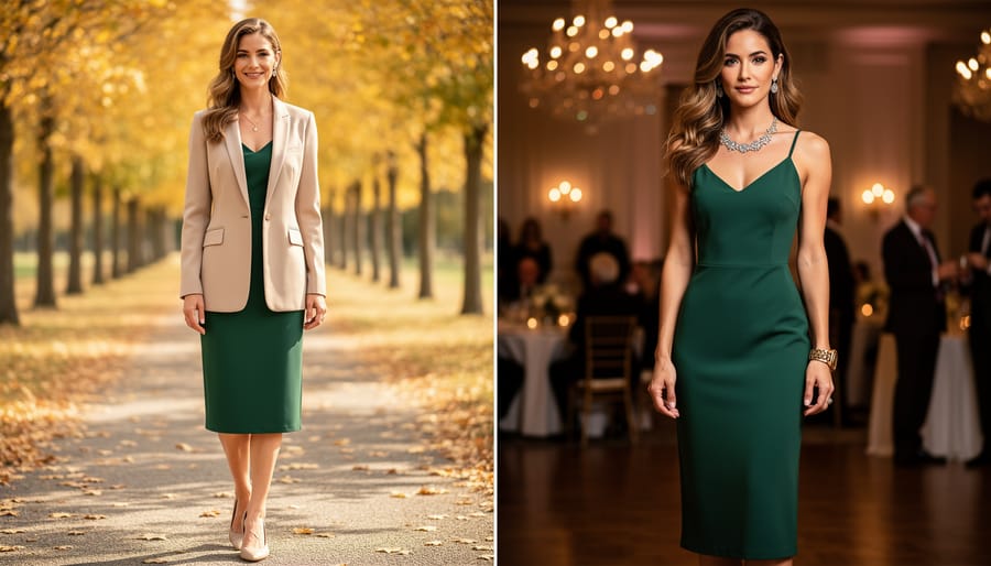 Plus-size model wearing a burgundy or forest-green midi slip dress in a Canadian fall setting