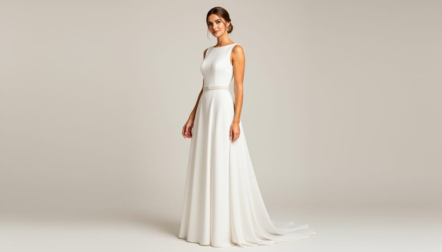 Model wearing a fitted minimalist wedding dress with a flowing skirt in a bright indoor setting.
