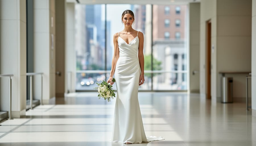 Bride-to-be in a minimalist slip wedding dress near a modern courthouse entrance.