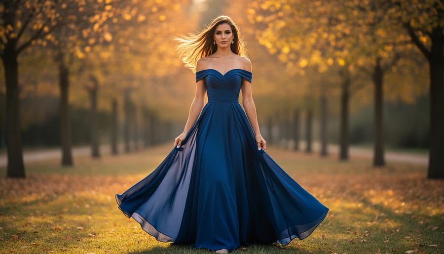 Plus-size model in an off-shoulder maxi dress with a shawl in an autumn outdoor wedding venue