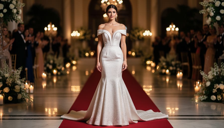 Bride-to-be wearing an off-shoulder mermaid wedding dress in a glamorous evening setting.