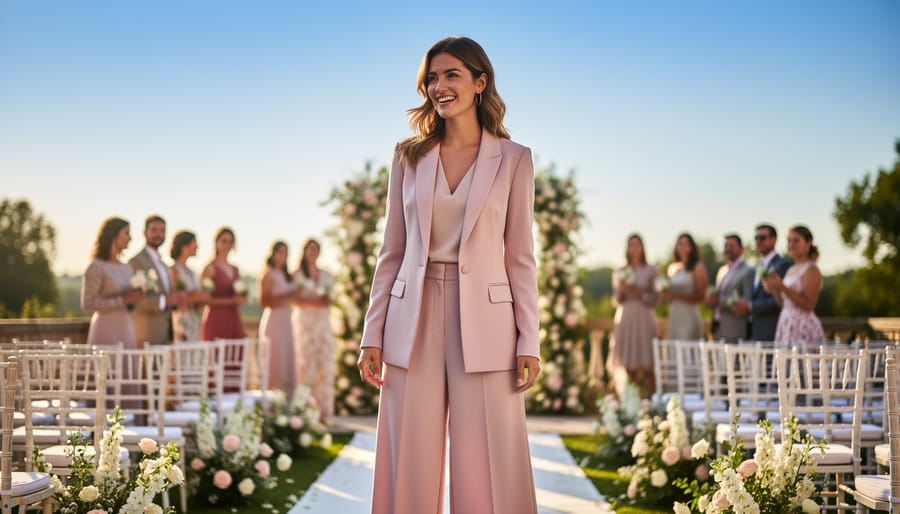 Woman in a palazzo suit with wide-leg pants walking through a decorated wedding venue