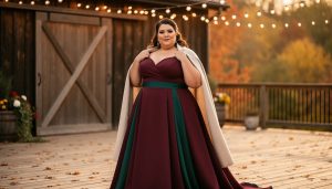 Plus-size woman wearing a burgundy and emerald fall wedding guest dress on a rustic barn patio with autumn leaves in soft background light